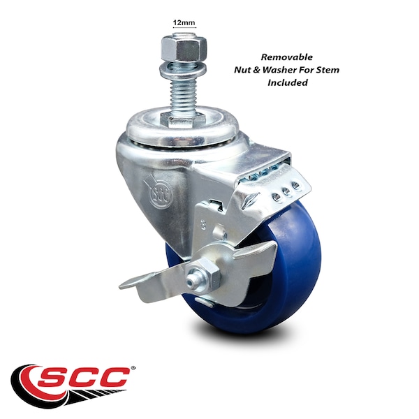 Service Caster 3 Inch Solid Polyurethane Wheel Swivel 12mm Threaded Stem Caster with Brake SCC-TS20S314-SPUS-TLB-M1215 - main